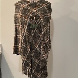 Plaid Olive Fringe Poncho